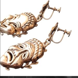 Vintage Gold Theater Mask Statement Earrings